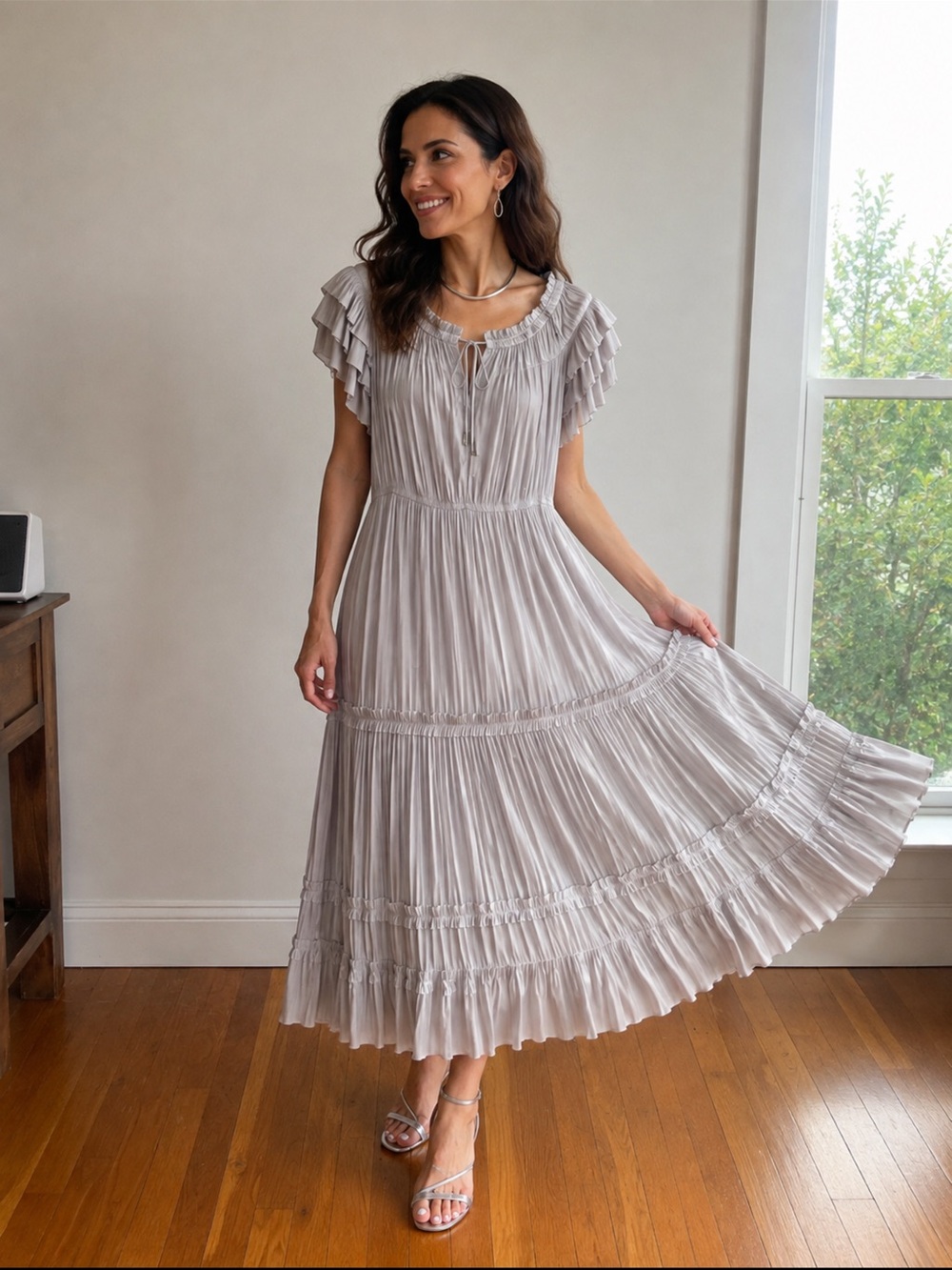 Bohemian Pookie & Sebastian Silver Ruffle Midi Dress